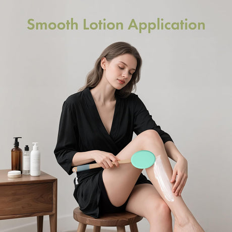 AmazerBath Lime back lotion applicator used to spread lotion evenly across a woman's lower leg.