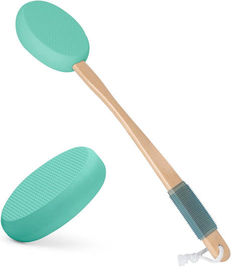 AmazerBath Lime back lotion applicator with a long bamboo handle, textured EVA pad, non-slip grip, and hanging loop.