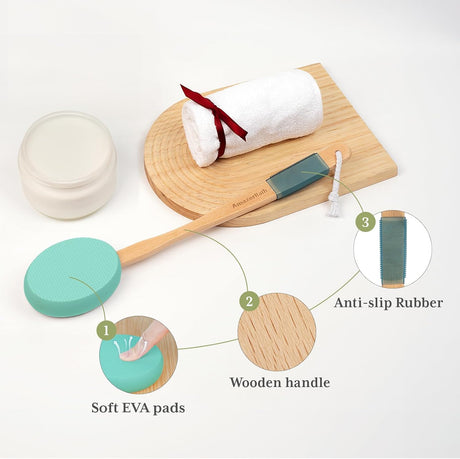 AmazerBath Lime back lotion applicator highlighting the soft EVA pad, bamboo handle, and ribbed non-slip grip.