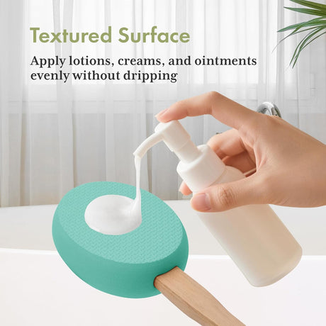 AmazerBath Lime back lotion applicator pad holding dispensed lotion on its textured surface without dripping.