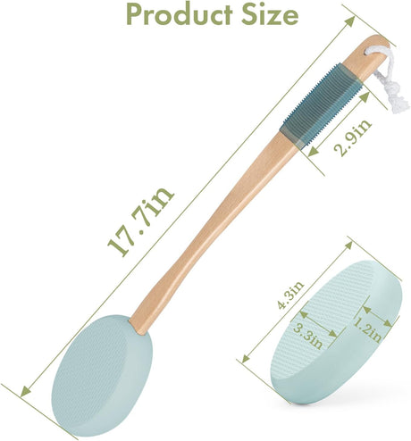 AmazerBath Sky Blue back lotion applicator shown with a 17.7-inch length and oval pad dimensions for extended reach.