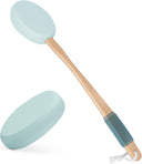 AmazerBath Sky Blue back lotion applicator with a long bamboo handle, textured EVA pad, non-slip grip, and hanging loop.