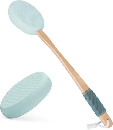 AmazerBath Sky Blue back lotion applicator with a long bamboo handle, textured EVA pad, non-slip grip, and hanging loop.