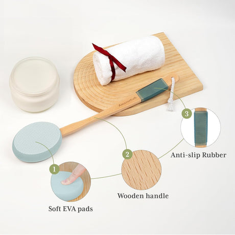 AmazerBath Sky Blue back lotion applicator highlighting the soft EVA pad, bamboo handle, and ribbed non-slip grip.