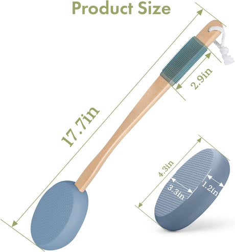 AmazerBath Slate Blue back lotion applicator shown with a 17.7-inch length and oval pad dimensions for extended reach.