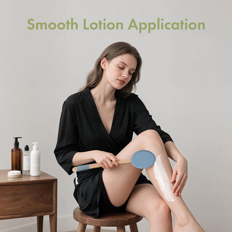 AmazerBath Slate Blue back lotion applicator used to spread lotion evenly across a woman's lower leg.