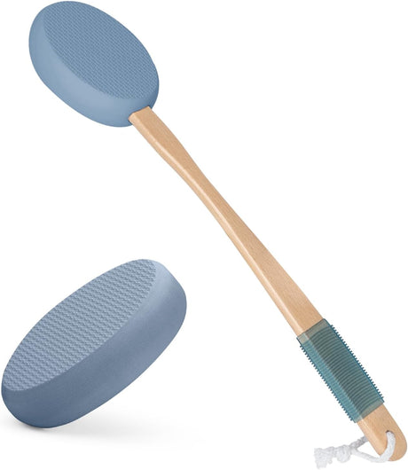 AmazerBath Slate Blue back lotion applicator with a long bamboo handle, textured EVA pad, non-slip grip, and hanging loop.