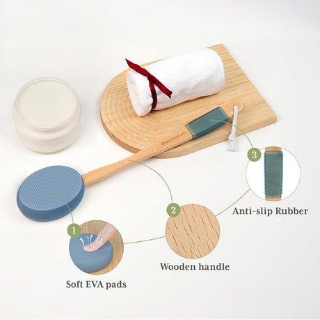 AmazerBath Slate Blue back lotion applicator highlighting the soft EVA pad, bamboo handle, and ribbed non-slip grip.