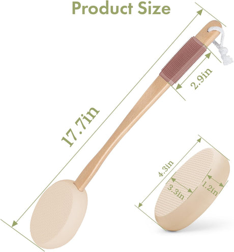AmazerBath Soft Beige back lotion applicator shown with a 17.7-inch length and oval pad dimensions for extended reach.