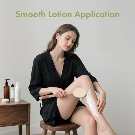AmazerBath Soft Beige back lotion applicator used to spread lotion evenly across a woman's lower leg.