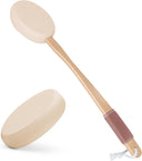 AmazerBath Soft Beige back lotion applicator with a long bamboo handle, textured EVA pad, non-slip grip, and hanging loop.