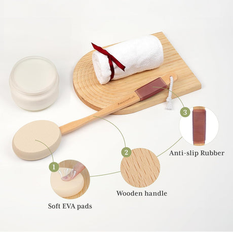 AmazerBath Soft Beige back lotion applicator highlighting the soft EVA pad, bamboo handle, and ribbed non-slip grip.