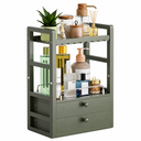 AmazerBath forest green bamboo vanity organizer: the two-drawer organizer stands alone on white with toiletries on its shelves.
