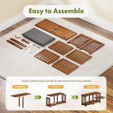 AmazerBath walnut bamboo shoe rack bench: the parts are laid out beside a three-step assembly guide for the shoe bench.