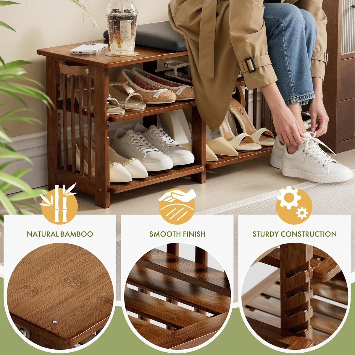AmazerBath walnut bamboo shoe rack bench: detail circles show the bamboo grain, smooth finish, and sturdy construction.