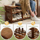 AmazerBath walnut bamboo shoe rack bench: detail circles show the bamboo grain, smooth finish, and sturdy construction.