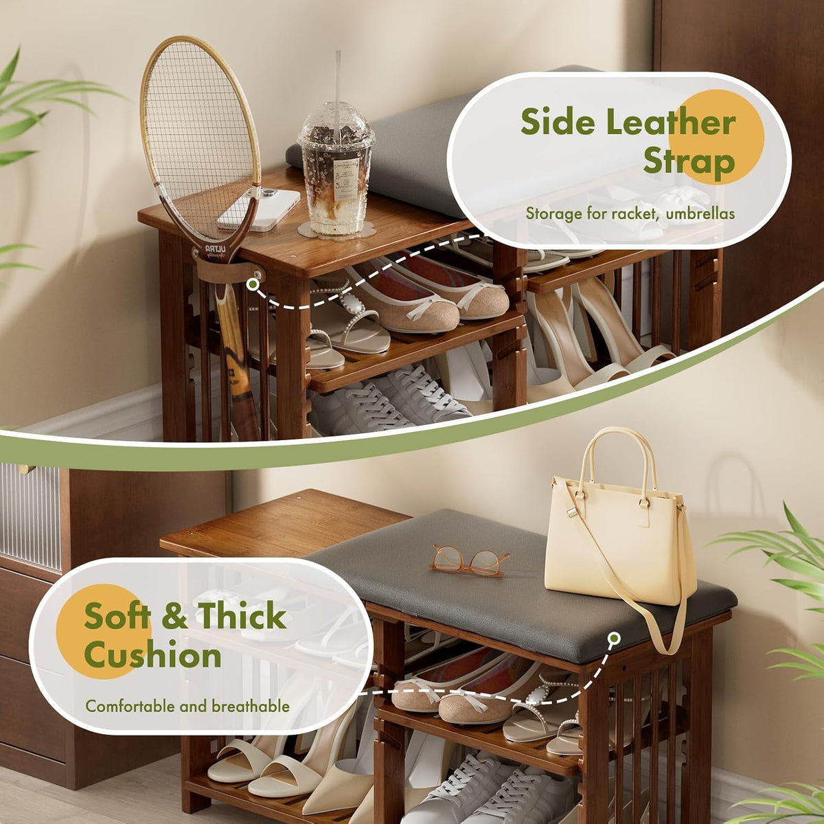 AmazerBath walnut bamboo shoe rack bench: a close-up highlights the soft cushion and side leather strap on the bench.