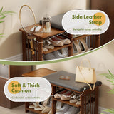 AmazerBath walnut bamboo shoe rack bench: a close-up highlights the soft cushion and side leather strap on the bench.