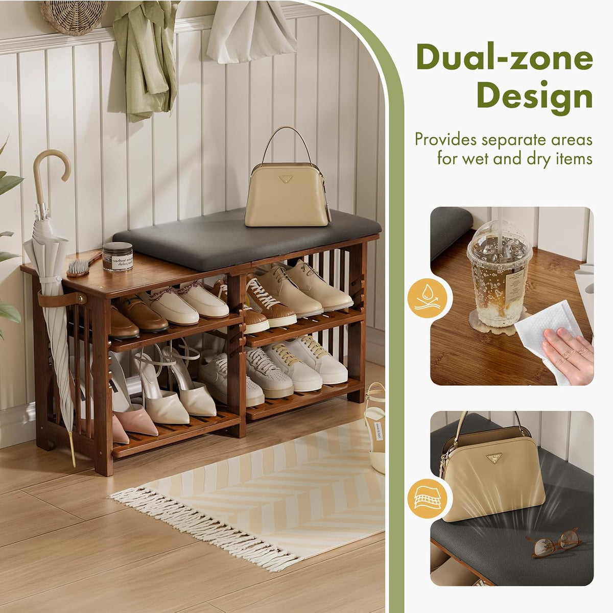 AmazerBath walnut bamboo shoe rack bench: the entry bench separates wet footwear from dry pairs with a dual-zone layout.