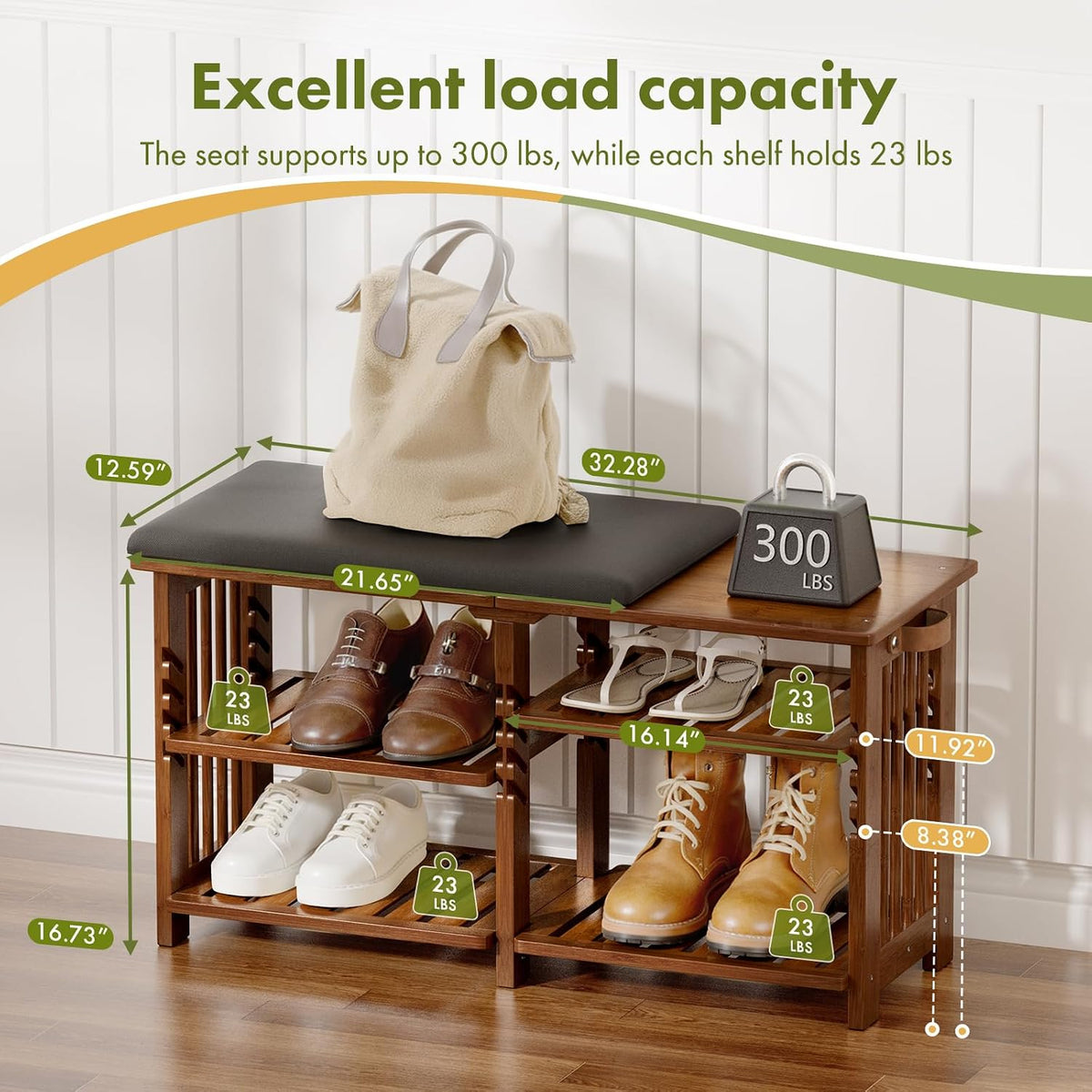 AmazerBath walnut bamboo shoe rack bench: a load chart shows a 300-pound seat capacity and a 25-pound limit per shelf.