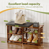 AmazerBath walnut bamboo shoe rack bench: a load chart shows a 300-pound seat capacity and a 25-pound limit per shelf.