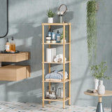 AmazerBath natural bamboo five-tier standing shelf holding toiletries, towels, plants, and bathroom accessories.