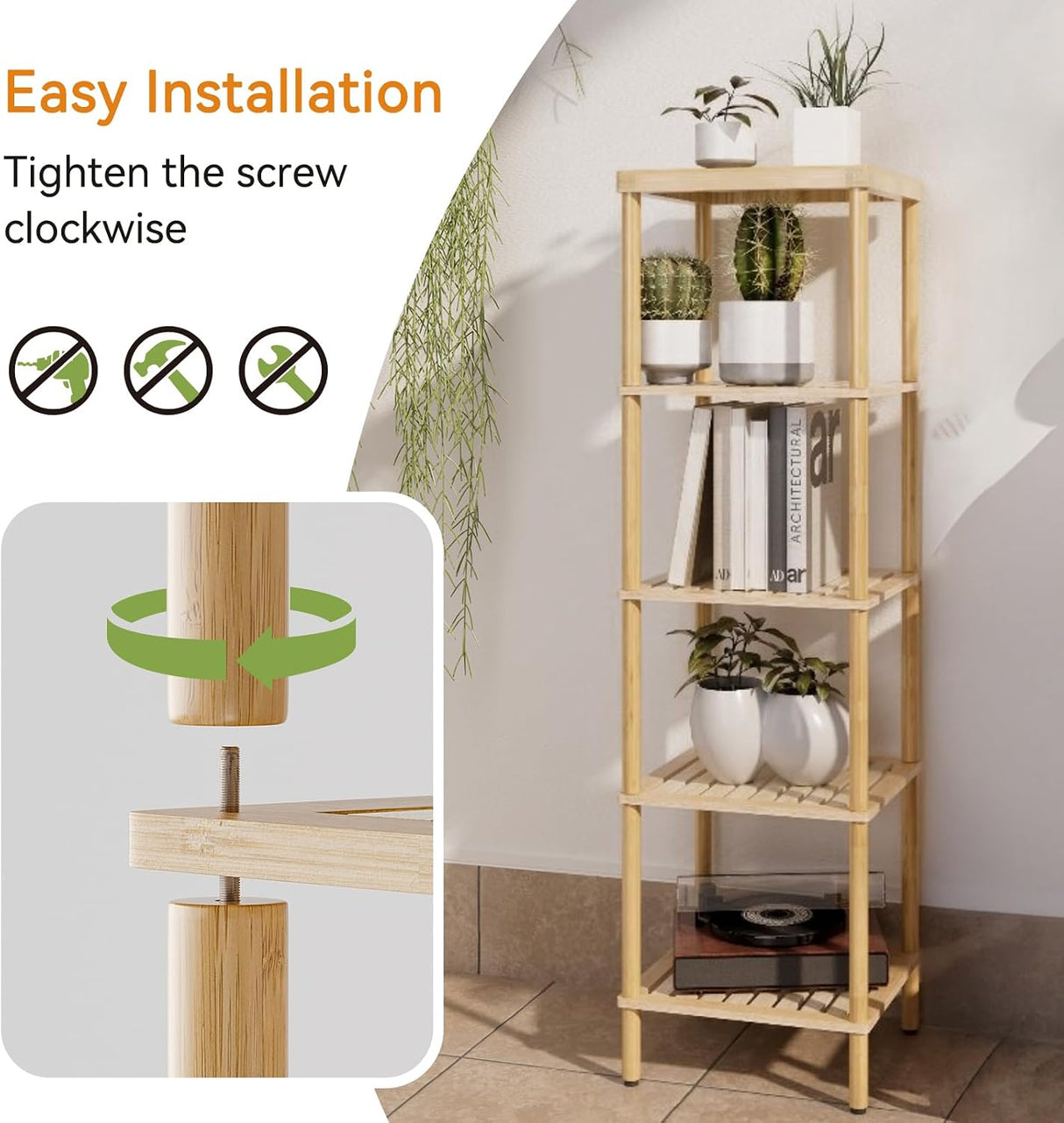 AmazerBath natural bamboo five-tier standing shelf showing clockwise screw assembly without separate tools.