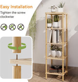 AmazerBath natural bamboo five-tier standing shelf showing clockwise screw assembly without separate tools.