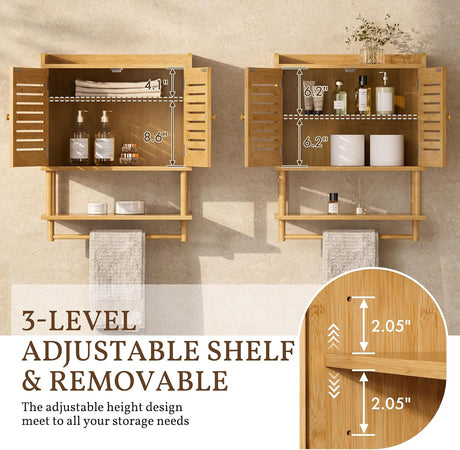 AmazerBath natural bamboo wall cabinet showing a removable interior shelf with three adjustable height positions.