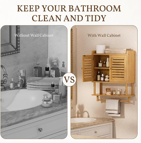 AmazerBath natural bamboo wall cabinet organizing toiletries and towels beside a comparison of a cluttered bathroom counter.