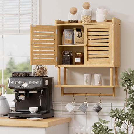 AmazerBath natural bamboo wall cabinet used above a coffee machine to store mugs, jars, and drink supplies.