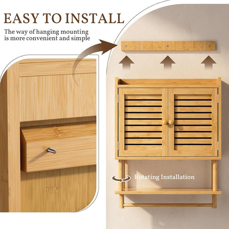 AmazerBath natural bamboo wall cabinet showing the rotating rear mounting rail used for easier wall installation.