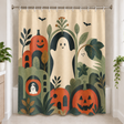 Boho Ghosts & Pumpkins Halloween Shower Curtain displayed in a bright bathroom