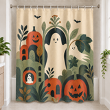 Boho Ghosts & Pumpkins Halloween Shower Curtain displayed in a bright bathroom
