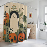 Boho Ghosts & Pumpkins Halloween Shower Curtain displayed around a bathtub