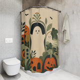 Boho Ghosts & Pumpkins Halloween Shower Curtain installed in a walk-in shower