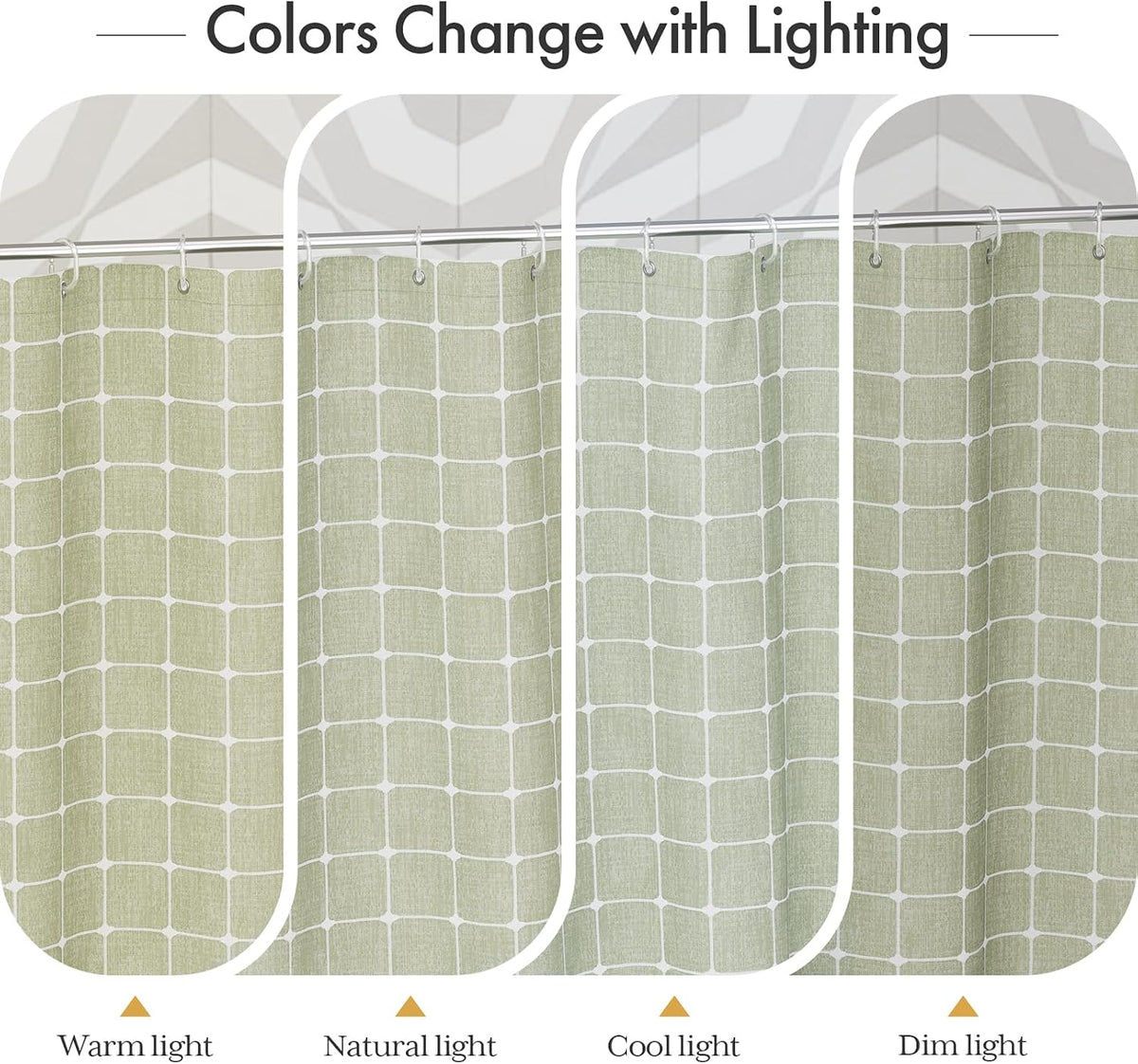 AmazerBath sage green grid linen curtain: a bathroom graphic labels the curtain as 72 inches wide by 72 inches long.