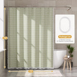 AmazerBath sage green grid linen curtain: a close view shows woven linen-blend fabric and a contrasting white grid pattern.