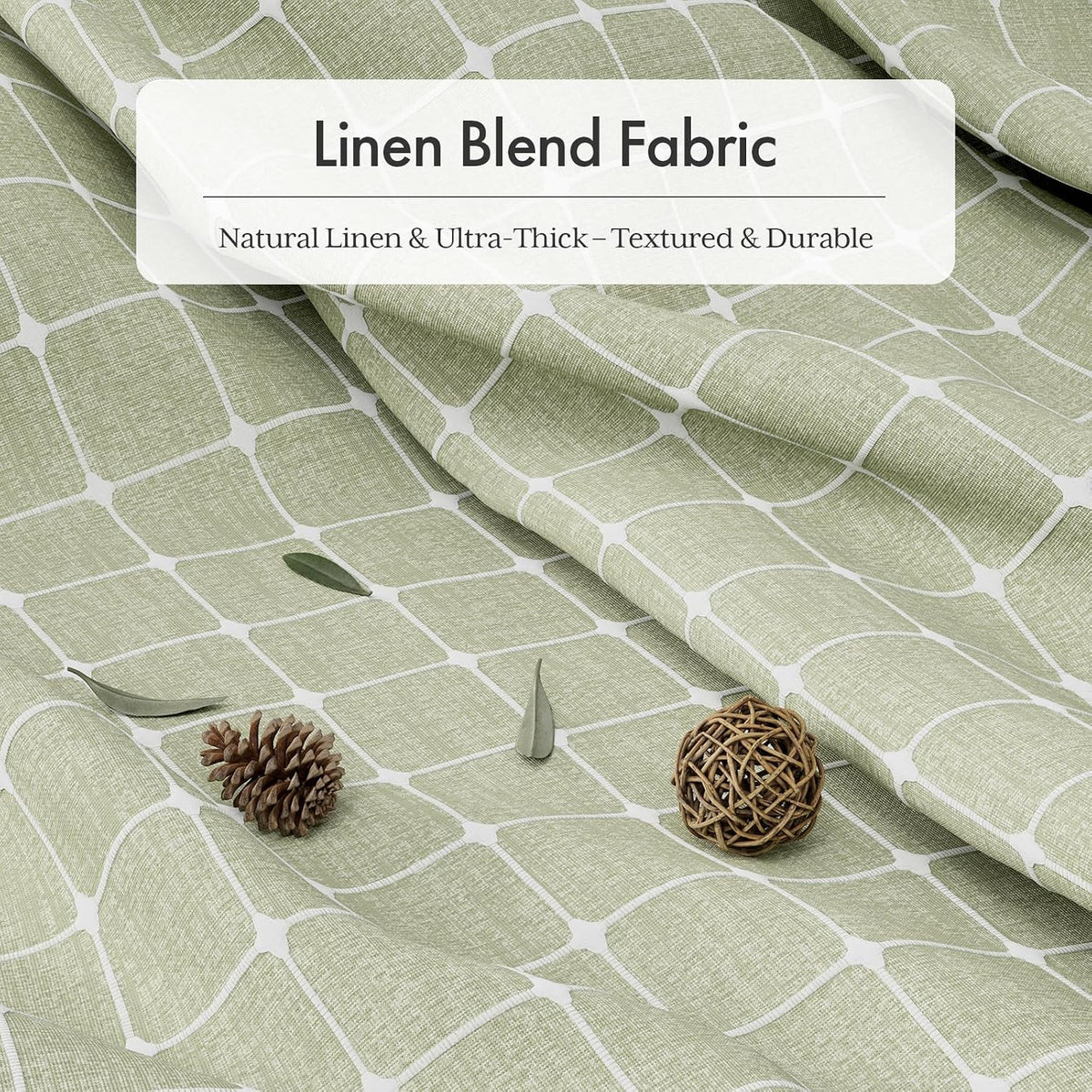 AmazerBath sage green grid linen curtain: white tassels finish the grid curtain hem beside the bathtub.