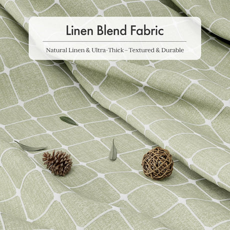 AmazerBath sage green grid linen curtain: white tassels finish the grid curtain hem beside the bathtub.