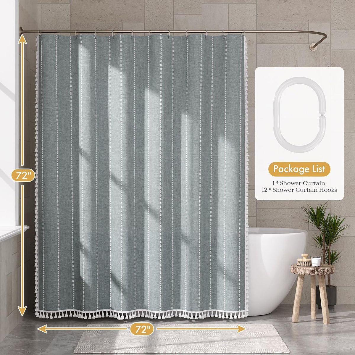 AmazerBath fog blue striped linen curtain: a bathroom graphic labels the curtain as 72 inches wide by 72 inches long.
