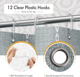 AmazerBath fog blue striped linen curtain: twelve clear hooks hang from reinforced, rustproof metal grommets.