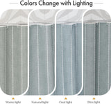 AmazerBath fog blue striped linen curtain: a lighting chart compares the curtain shade under four light settings.