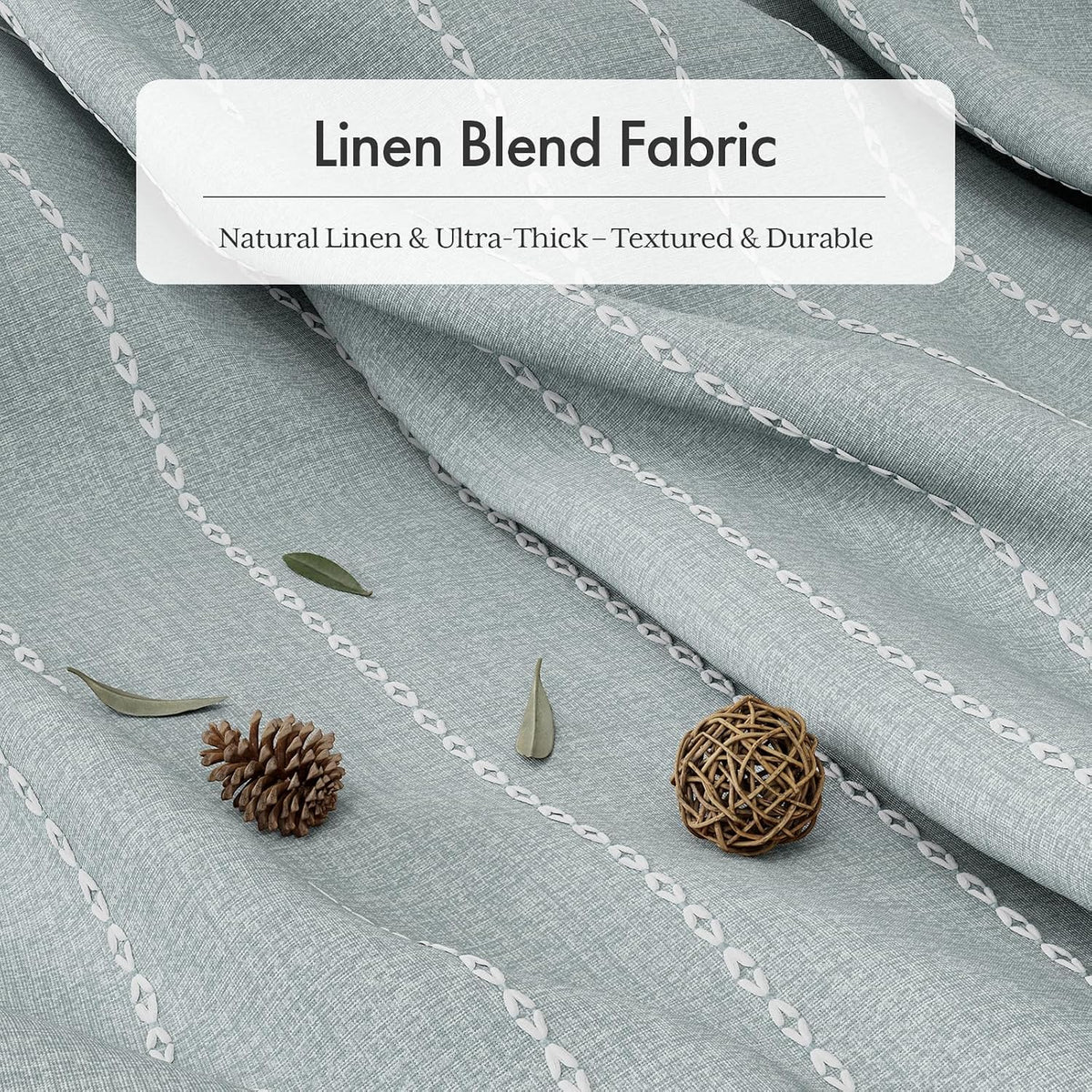 AmazerBath fog blue striped linen curtain: a close view shows woven linen-blend texture and stitched white stripes.
