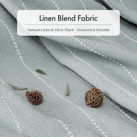 AmazerBath fog blue striped linen curtain: a close view shows woven linen-blend texture and stitched white stripes.