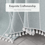 AmazerBath fog blue striped linen curtain: white tassels finish the striped curtain hem beside the bathtub.
