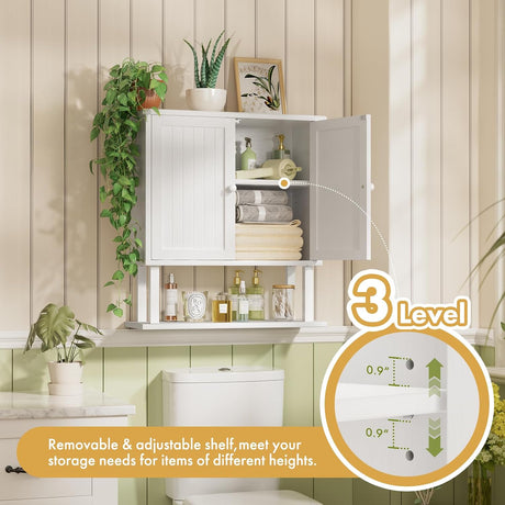 AmazerBath white coastal bamboo wall cabinet showing a removable interior shelf with three adjustable height positions.