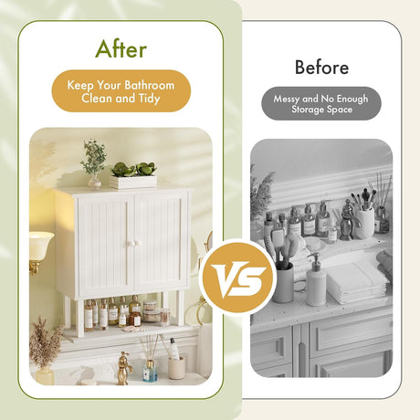 AmazerBath white coastal bamboo wall cabinet organizing toiletries beside a comparison of a cluttered bathroom counter.