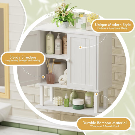 AmazerBath white coastal bamboo wall cabinet highlighting sturdy construction, slatted doors, open shelving, and waterproof bamboo.
