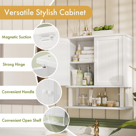 AmazerBath white coastal bamboo wall cabinet highlighting magnetic catches, strong hinges, round handles, and the open lower shelf.